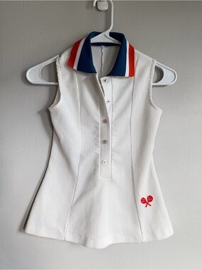 Vintage 70s Tennis Polo Sleeveless Peplum Tank Top White Red Blue Collar XS